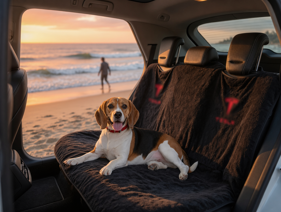 Fawyn Tesla Seat Covers for Model 3/Y/X/S – Sweat-Resistant Back Seat Towel Protector for Kids, Pets & Dogs – Easy Install 3-Seconds, Roll-Up Storage
